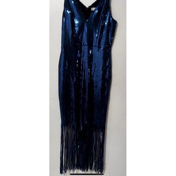 Dress The Population Dress Sz XXL Blue Sequin Fringe Formal Party Wedding Plus - Picture 5 of 6